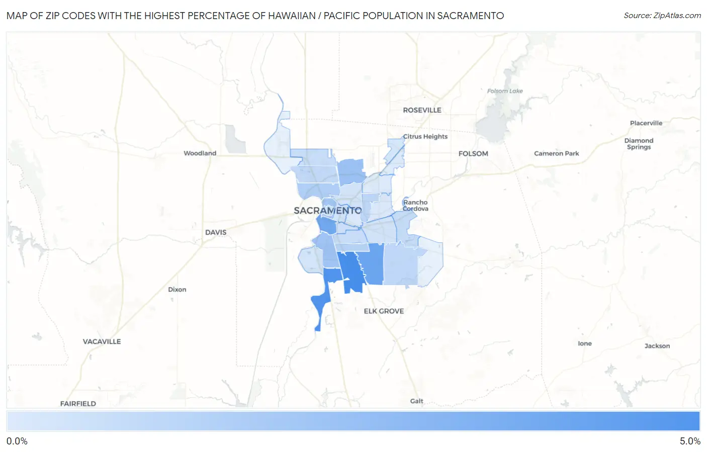 Zip Codes with the Highest Percentage of Hawaiian / Pacific Population in Sacramento Map