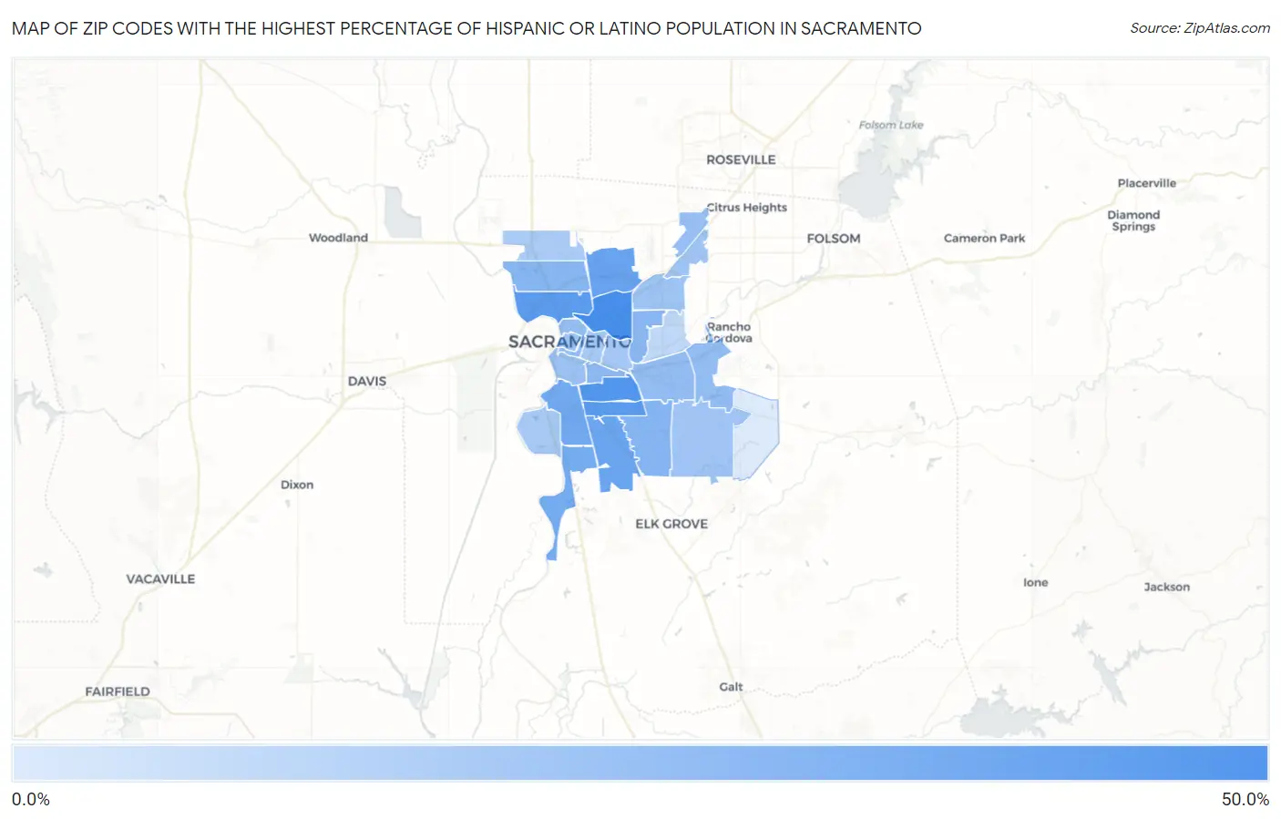 Zip Codes with the Highest Percentage of Hispanic or Latino Population in Sacramento Map