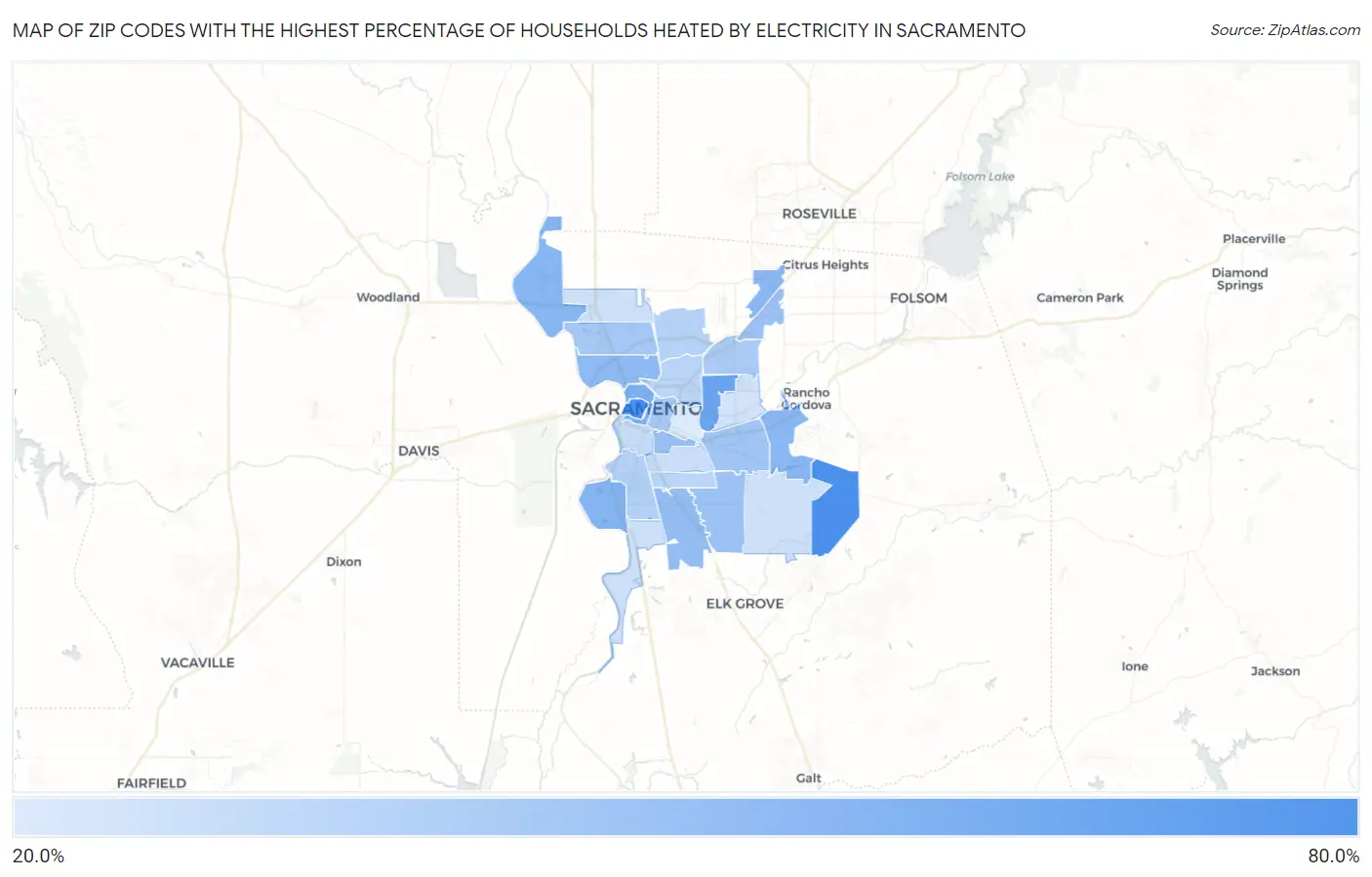Zip Codes with the Highest Percentage of Households Heated by Electricity in Sacramento Map