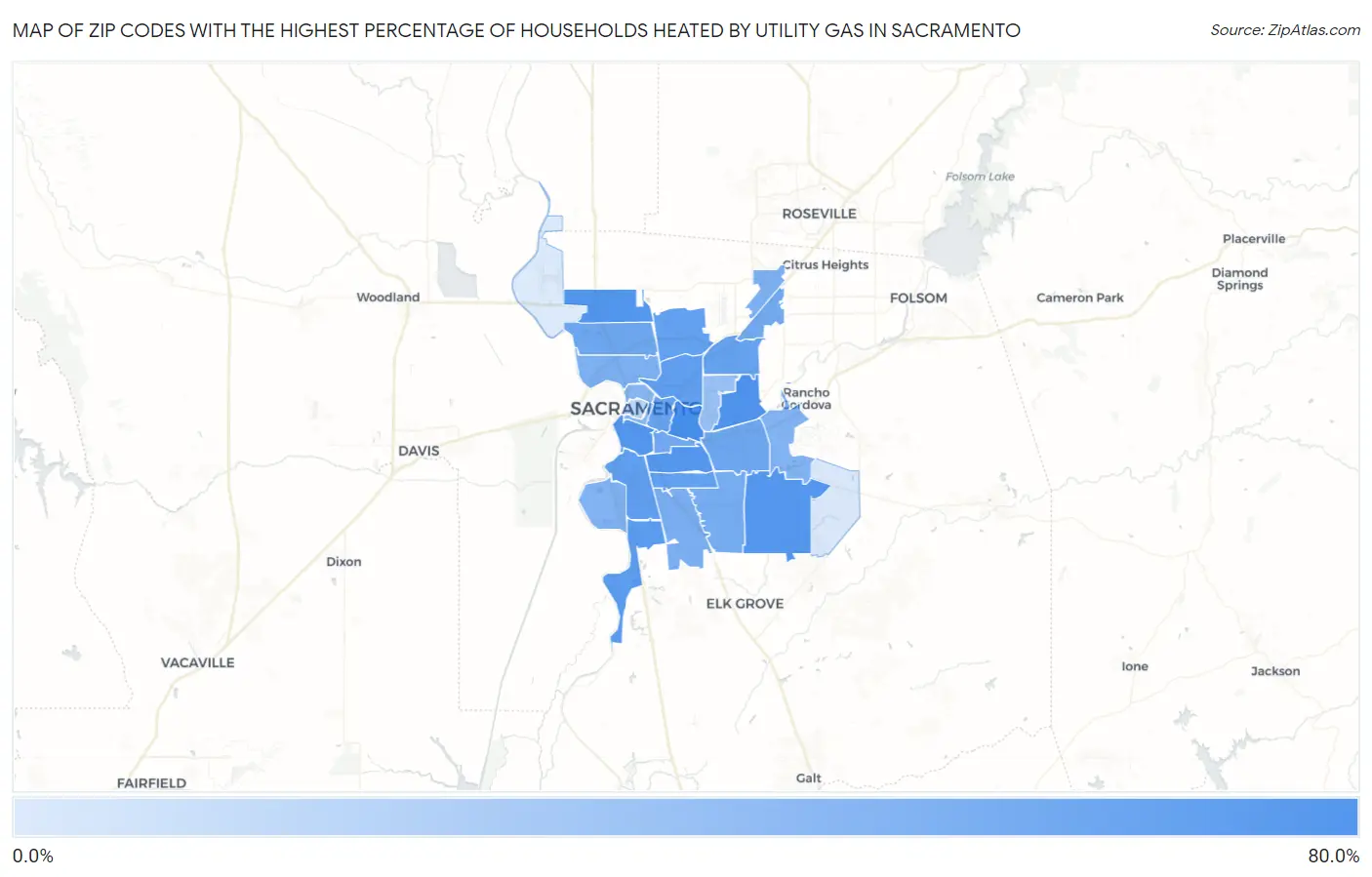 Zip Codes with the Highest Percentage of Households Heated by Utility Gas in Sacramento Map