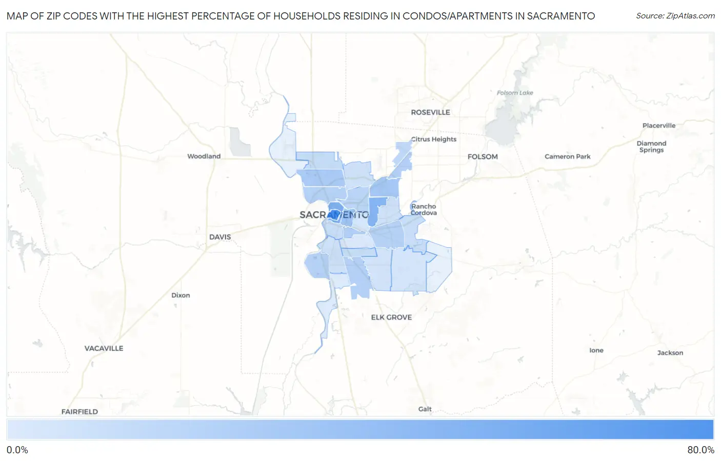 Zip Codes with the Highest Percentage of Households Residing in Condos/Apartments in Sacramento Map