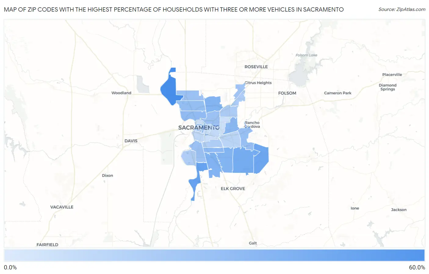 Zip Codes with the Highest Percentage of Households With Three or more Vehicles in Sacramento Map