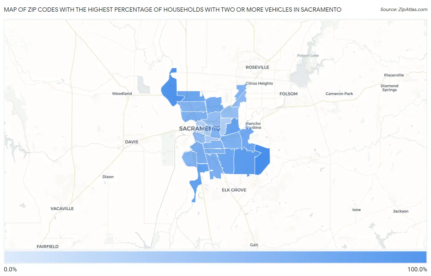 Zip Codes with the Highest Percentage of Households With Two or more Vehicles in Sacramento Map
