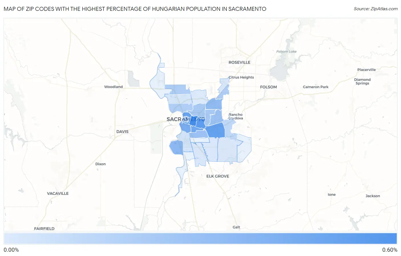 Zip Codes with the Highest Percentage of Hungarian Population in Sacramento Map
