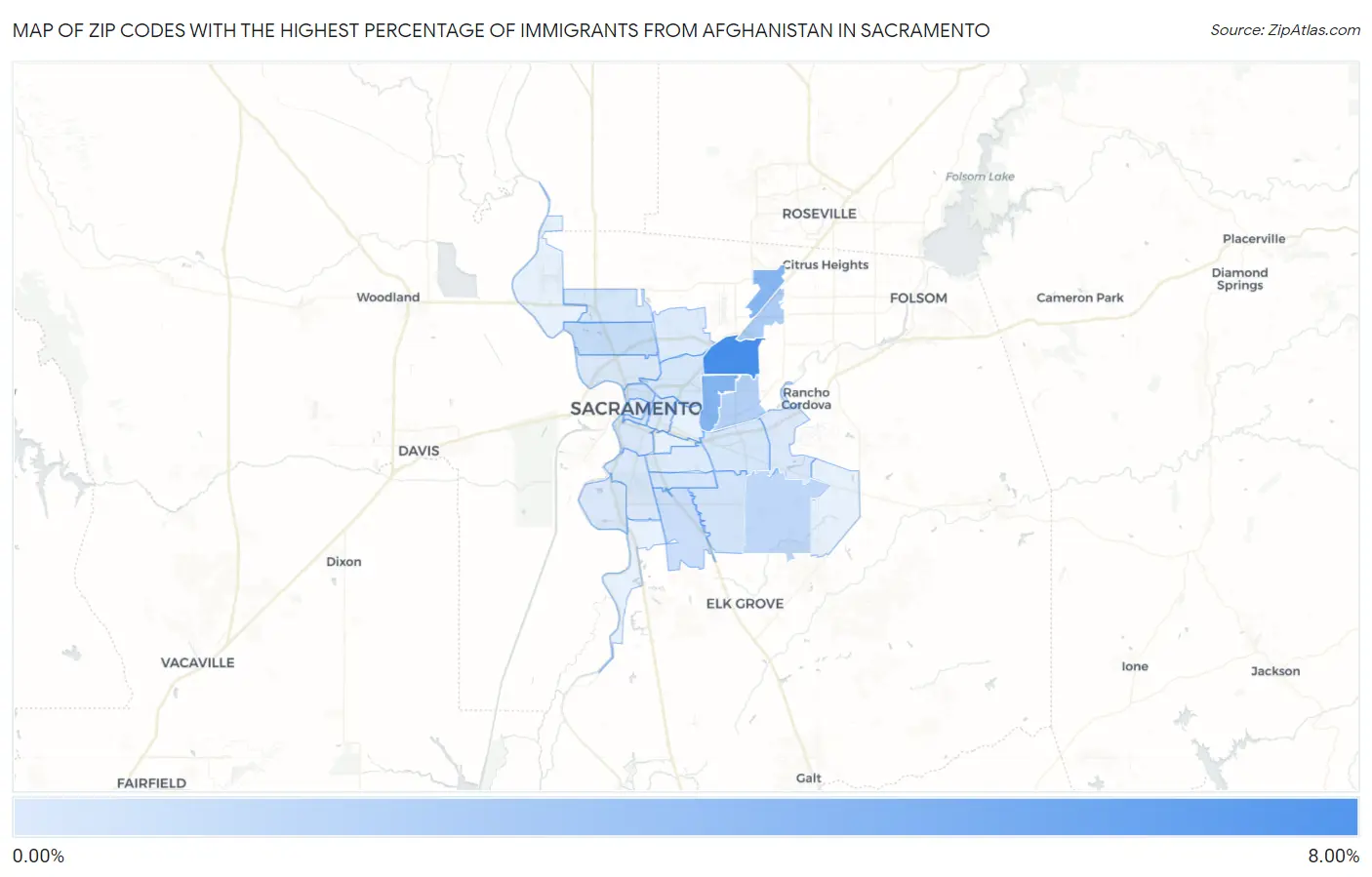 Zip Codes with the Highest Percentage of Immigrants from Afghanistan in Sacramento Map