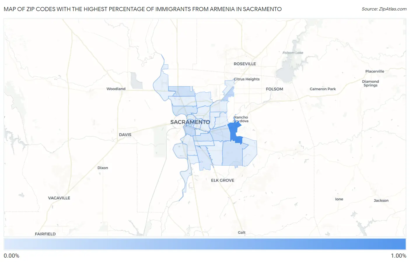 Zip Codes with the Highest Percentage of Immigrants from Armenia in Sacramento Map