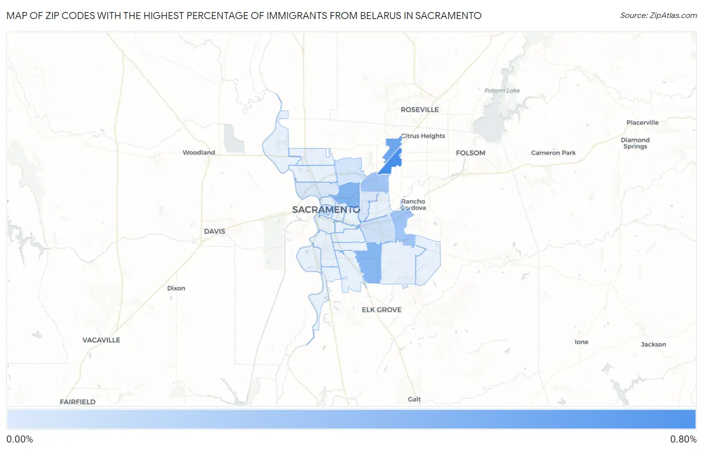 Zip Codes with the Highest Percentage of Immigrants from Belarus in Sacramento Map