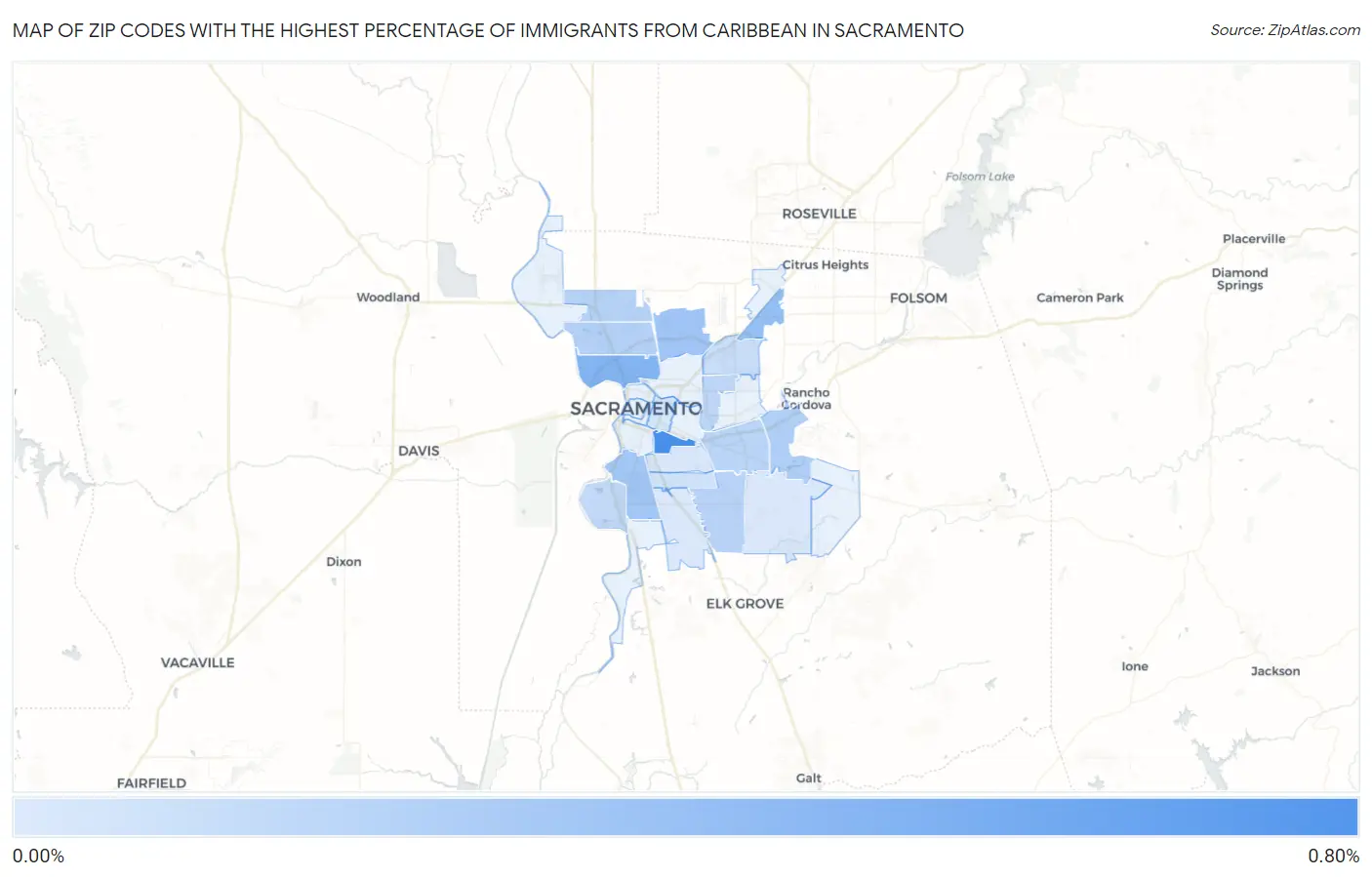 Zip Codes with the Highest Percentage of Immigrants from Caribbean in Sacramento Map