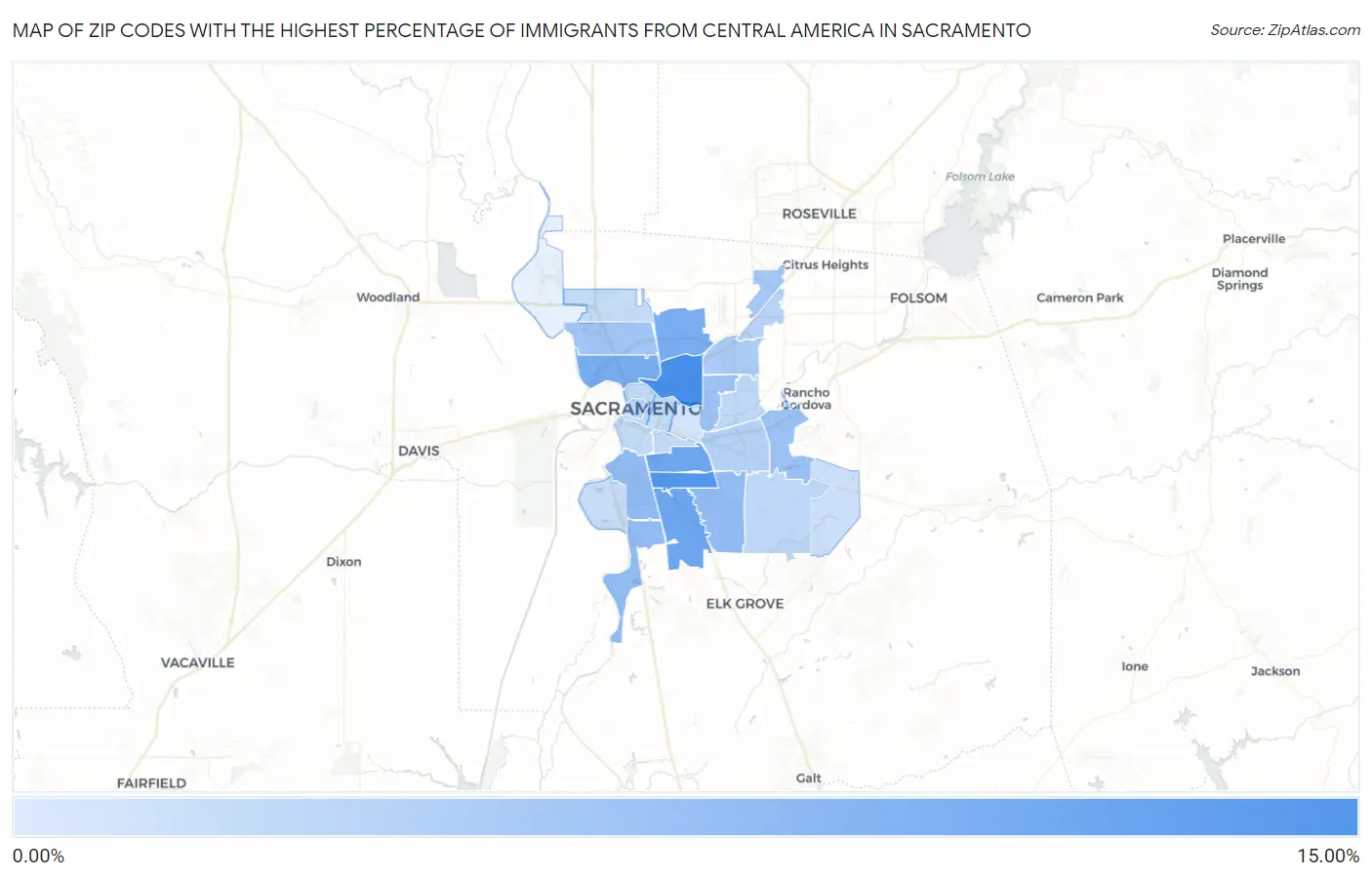 Zip Codes with the Highest Percentage of Immigrants from Central America in Sacramento Map