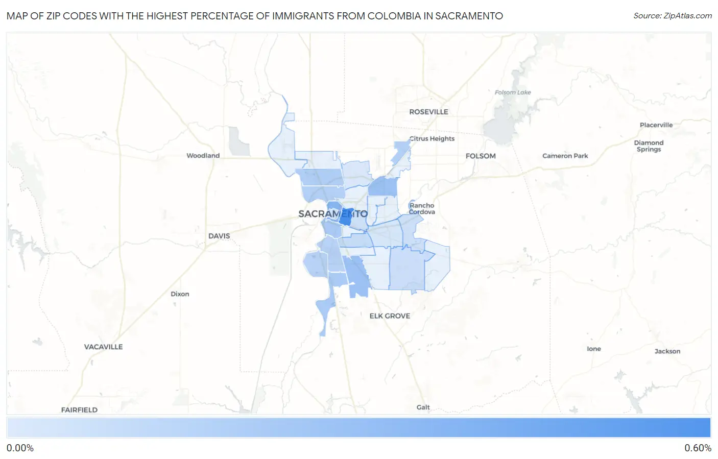 Zip Codes with the Highest Percentage of Immigrants from Colombia in Sacramento Map