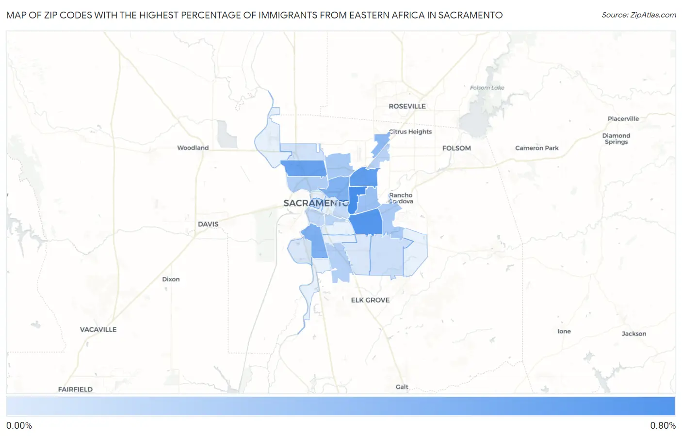 Zip Codes with the Highest Percentage of Immigrants from Eastern Africa in Sacramento Map