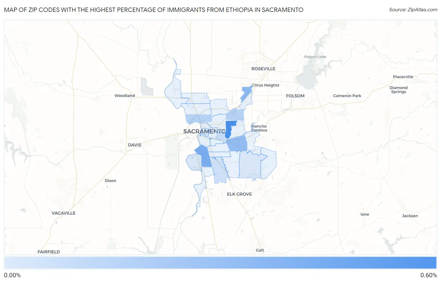 Zip Codes with the Highest Percentage of Immigrants from Ethiopia in Sacramento Map