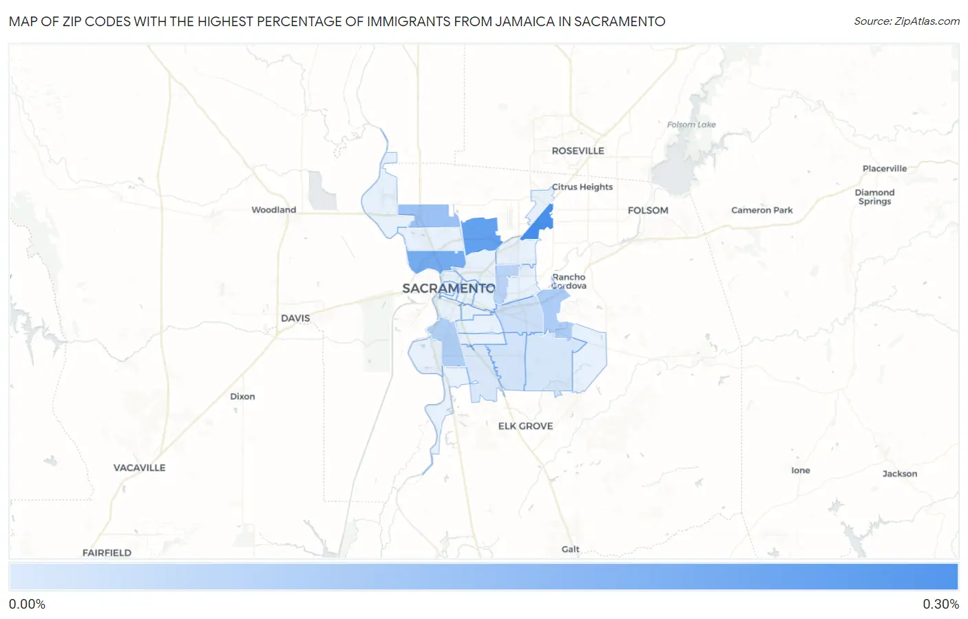 Zip Codes with the Highest Percentage of Immigrants from Jamaica in Sacramento Map