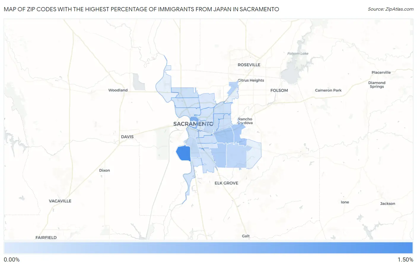 Zip Codes with the Highest Percentage of Immigrants from Japan in Sacramento Map