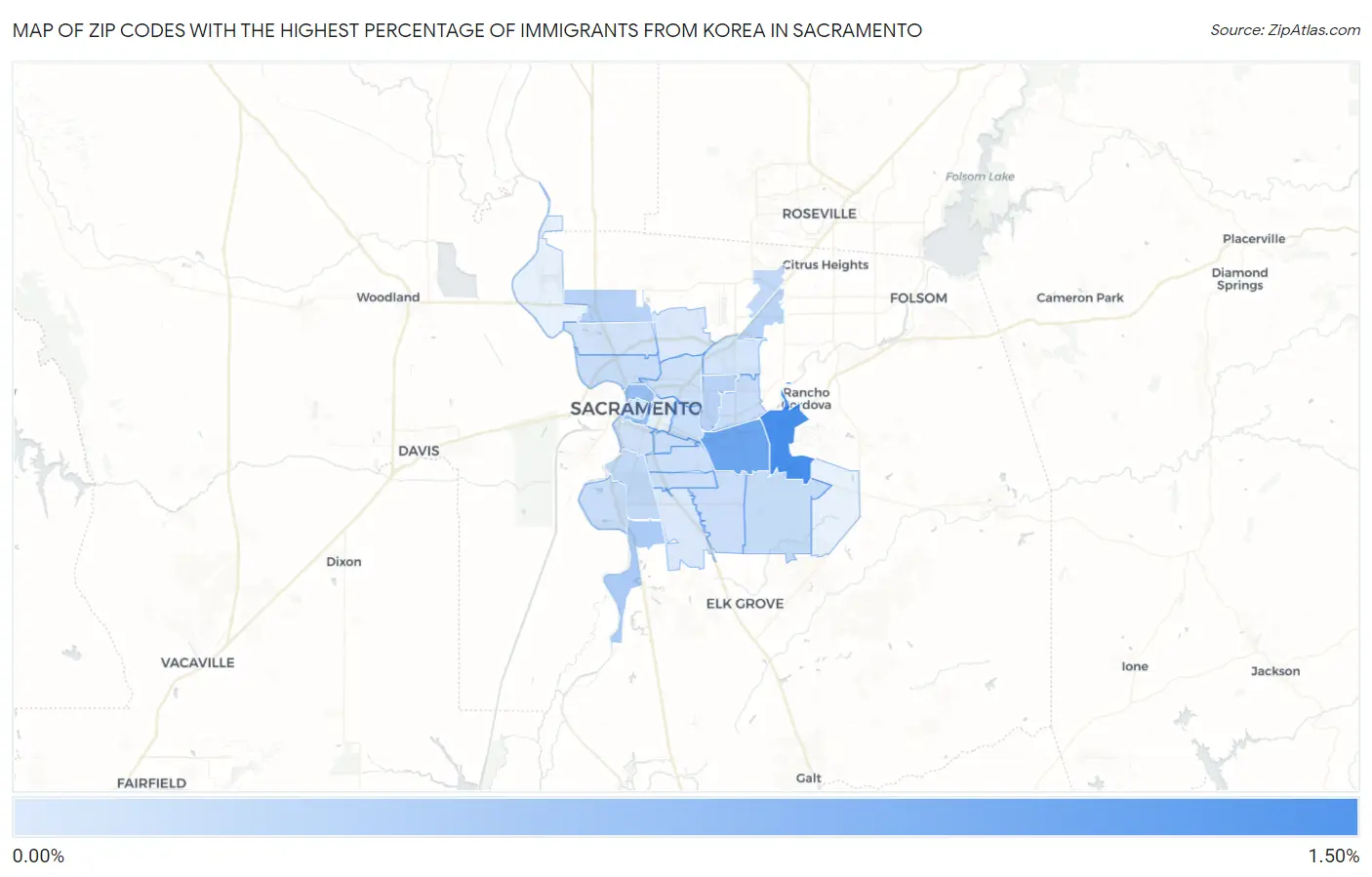 Zip Codes with the Highest Percentage of Immigrants from Korea in Sacramento Map