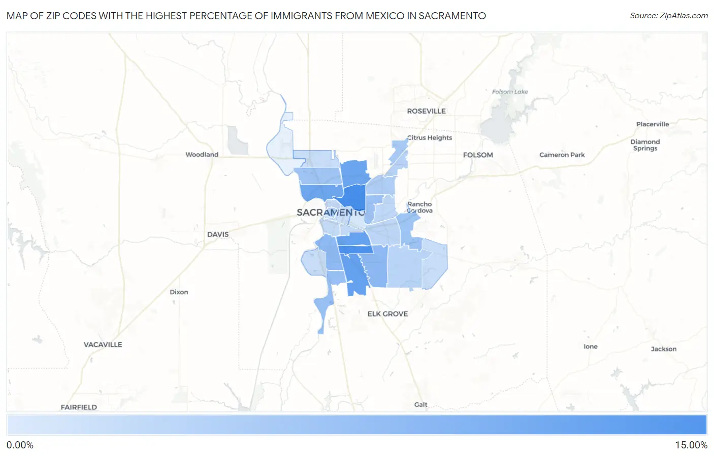 Zip Codes with the Highest Percentage of Immigrants from Mexico in Sacramento Map