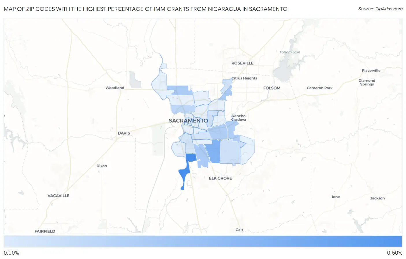 Zip Codes with the Highest Percentage of Immigrants from Nicaragua in Sacramento Map
