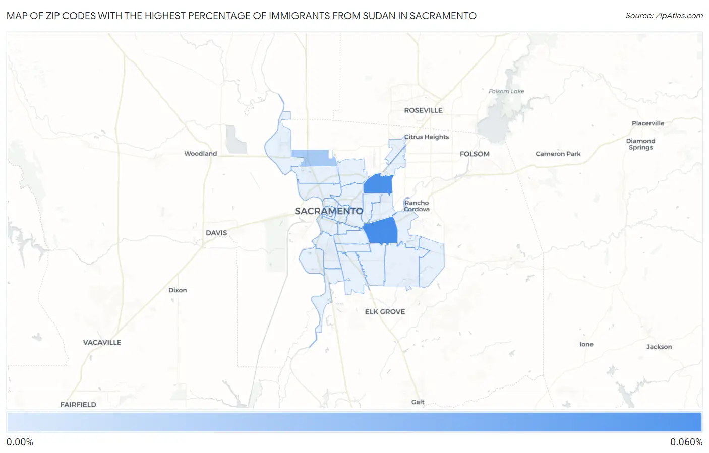 Zip Codes with the Highest Percentage of Immigrants from Sudan in Sacramento Map