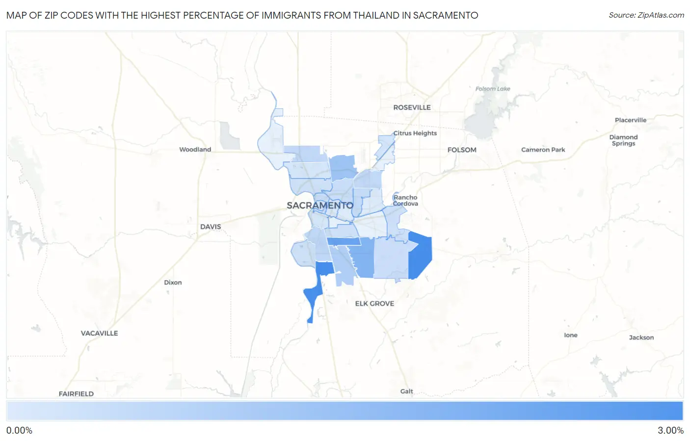 Zip Codes with the Highest Percentage of Immigrants from Thailand in Sacramento Map