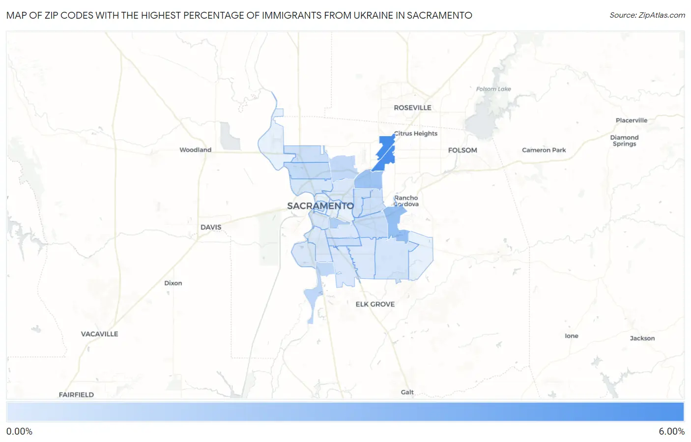 Zip Codes with the Highest Percentage of Immigrants from Ukraine in Sacramento Map