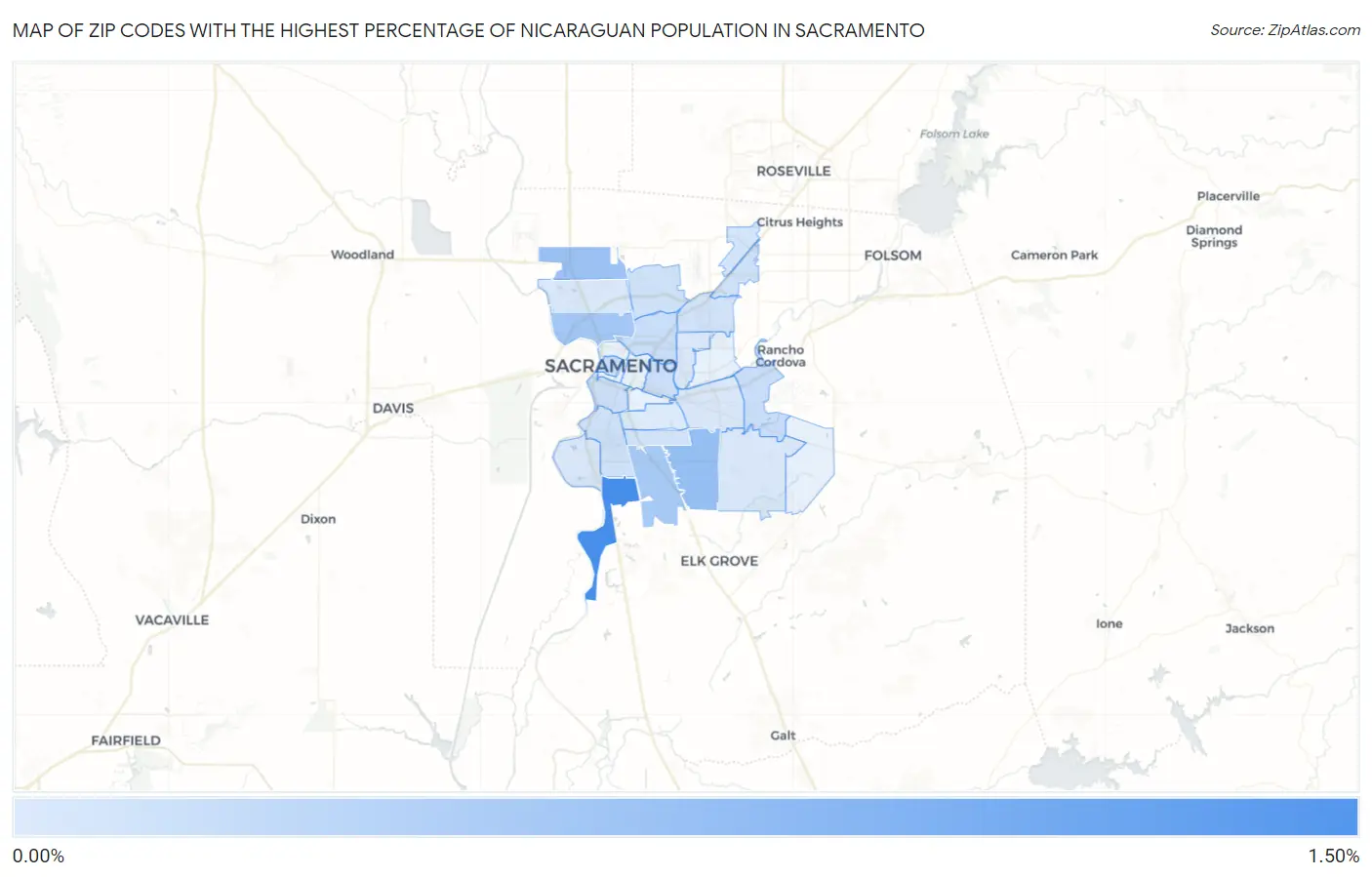 Zip Codes with the Highest Percentage of Nicaraguan Population in Sacramento Map