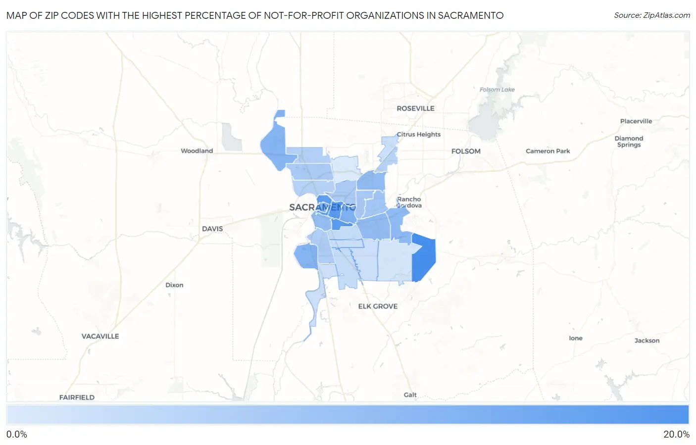 Zip Codes with the Highest Percentage of Not-for-profit Organizations in Sacramento Map