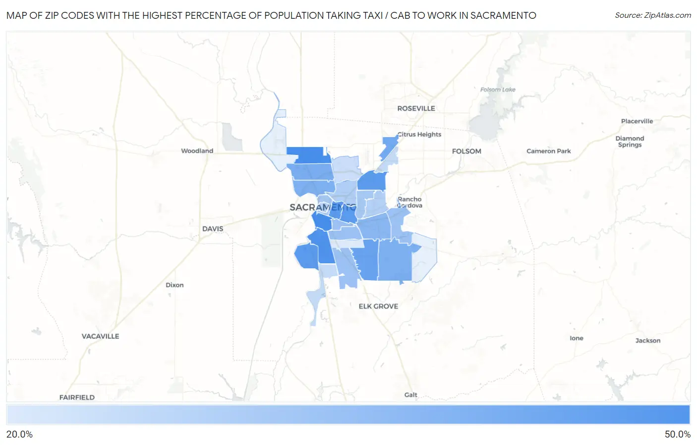 Zip Codes with the Highest Percentage of Population Taking Taxi / Cab to Work in Sacramento Map