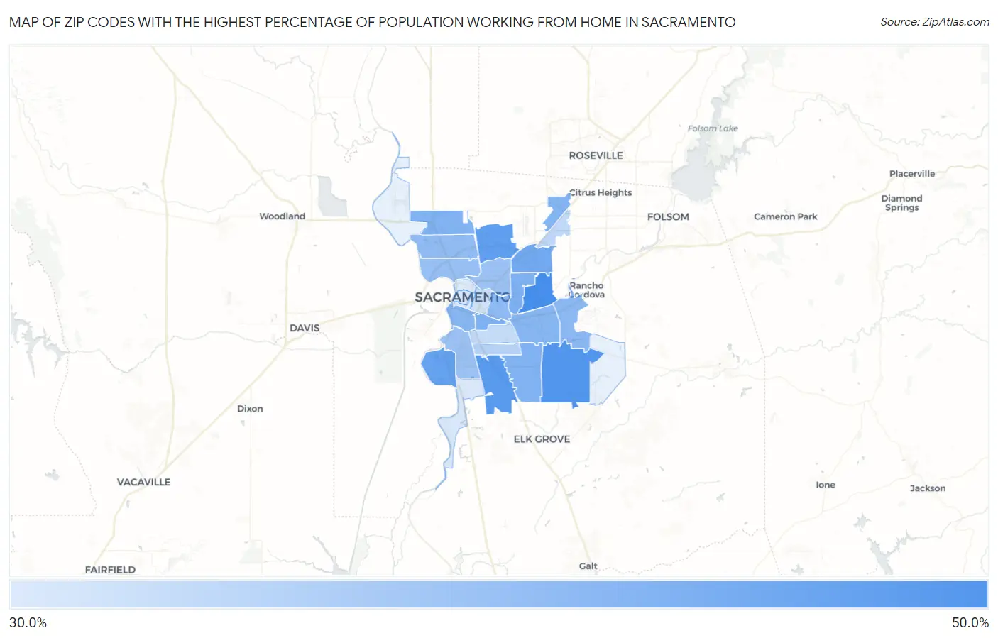 Zip Codes with the Highest Percentage of Population Working from Home in Sacramento Map