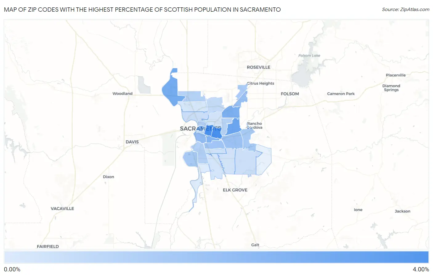 Zip Codes with the Highest Percentage of Scottish Population in Sacramento Map
