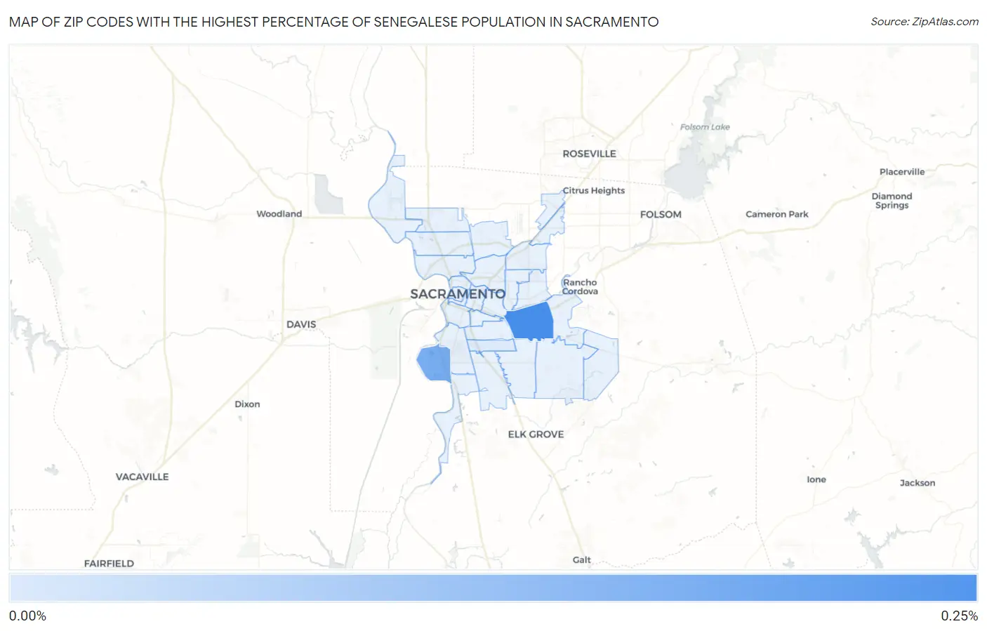 Zip Codes with the Highest Percentage of Senegalese Population in Sacramento Map