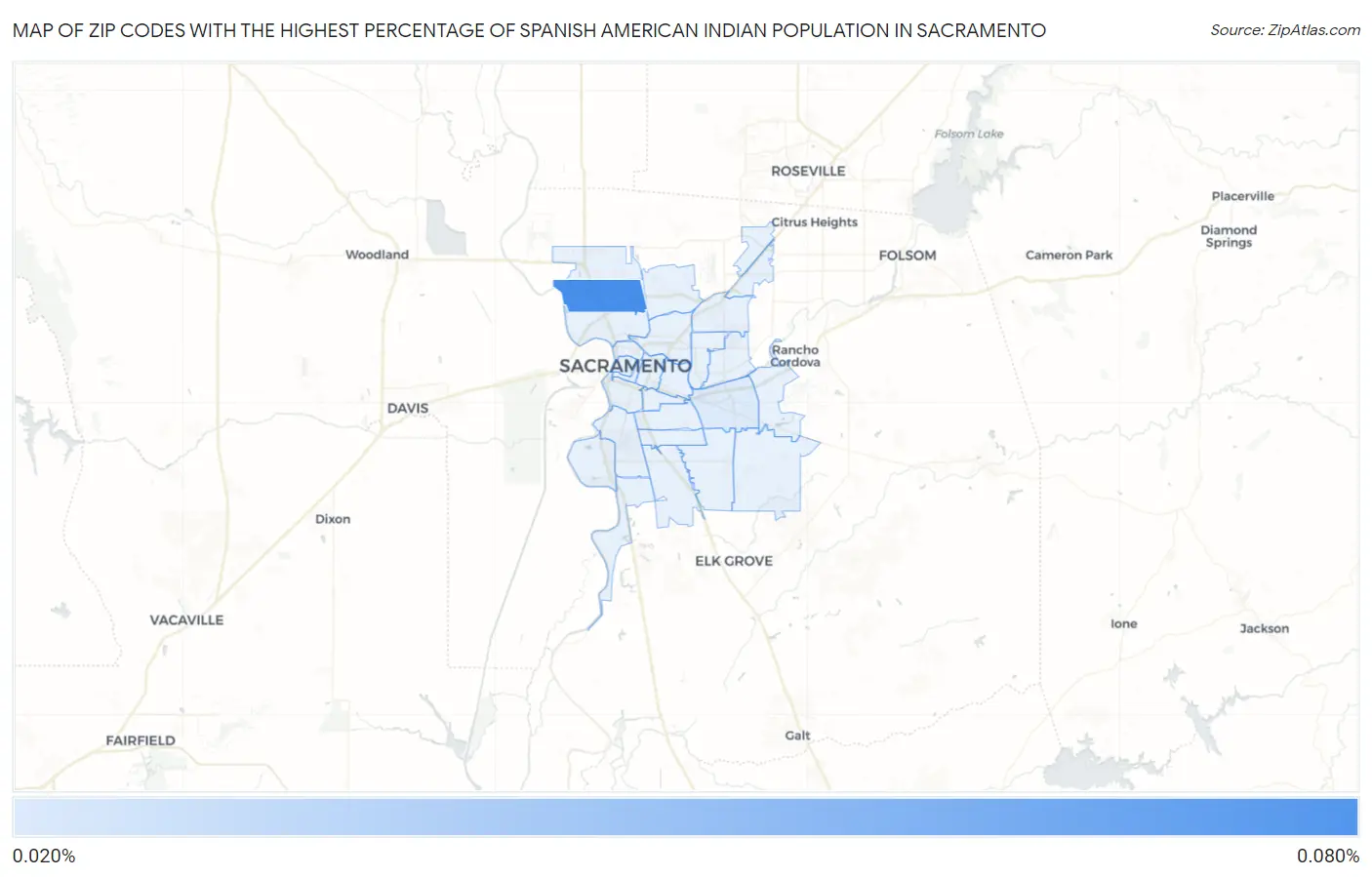Zip Codes with the Highest Percentage of Spanish American Indian Population in Sacramento Map