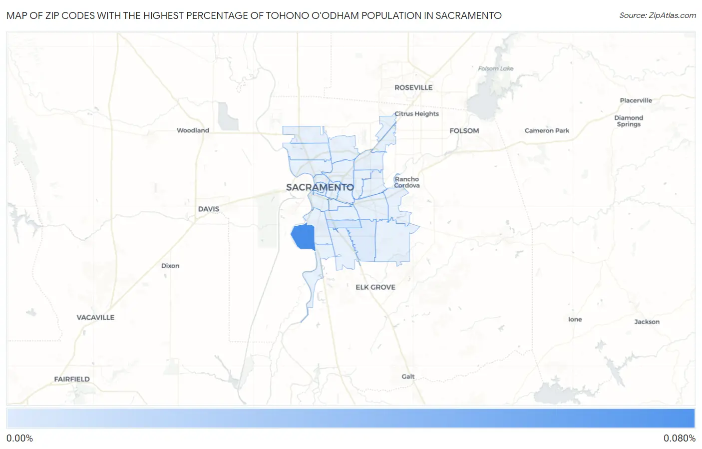 Zip Codes with the Highest Percentage of Tohono O'Odham Population in Sacramento Map