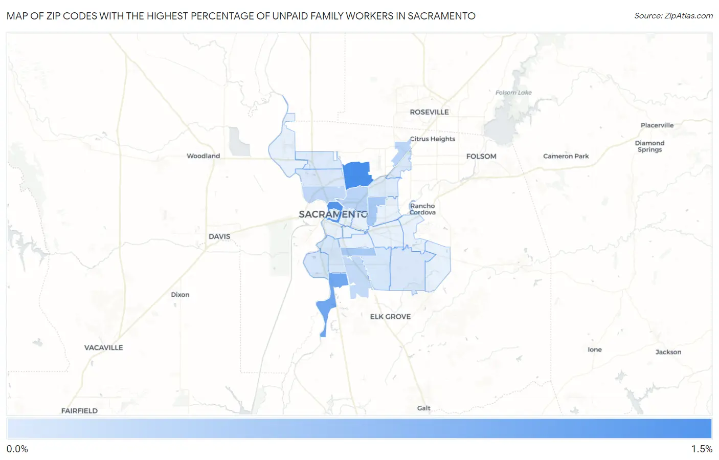 Zip Codes with the Highest Percentage of Unpaid Family Workers in Sacramento Map