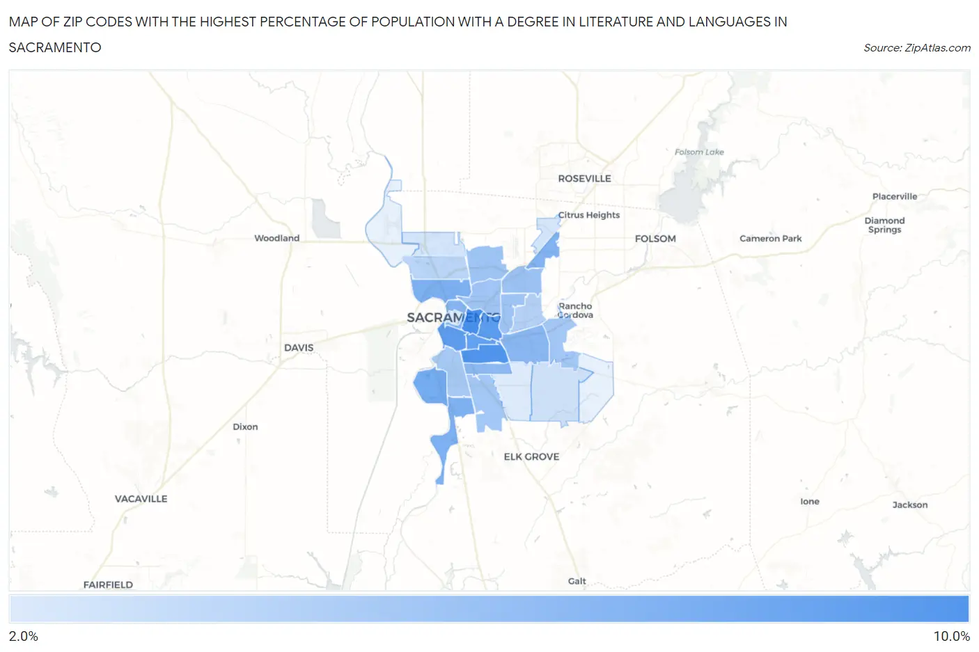 Zip Codes with the Highest Percentage of Population with a Degree in Literature and Languages in Sacramento Map