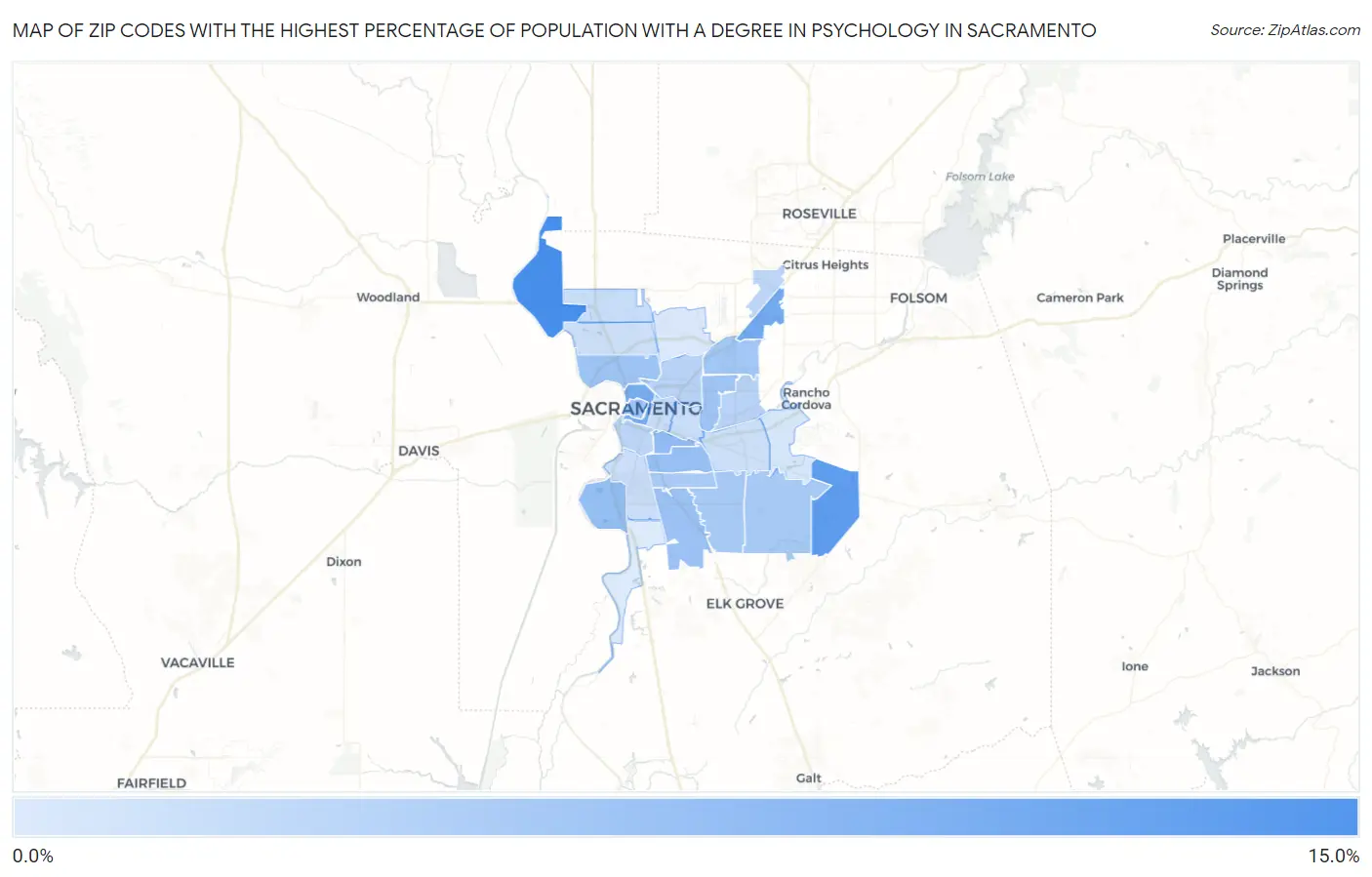 Zip Codes with the Highest Percentage of Population with a Degree in Psychology in Sacramento Map