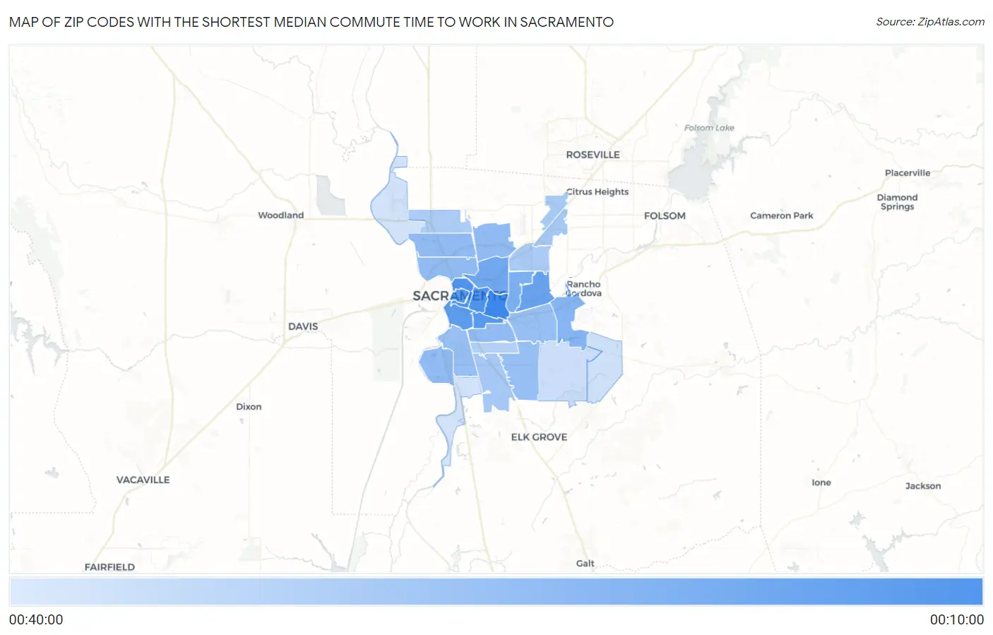 Zip Codes with the Shortest Median Commute Time to Work in Sacramento Map