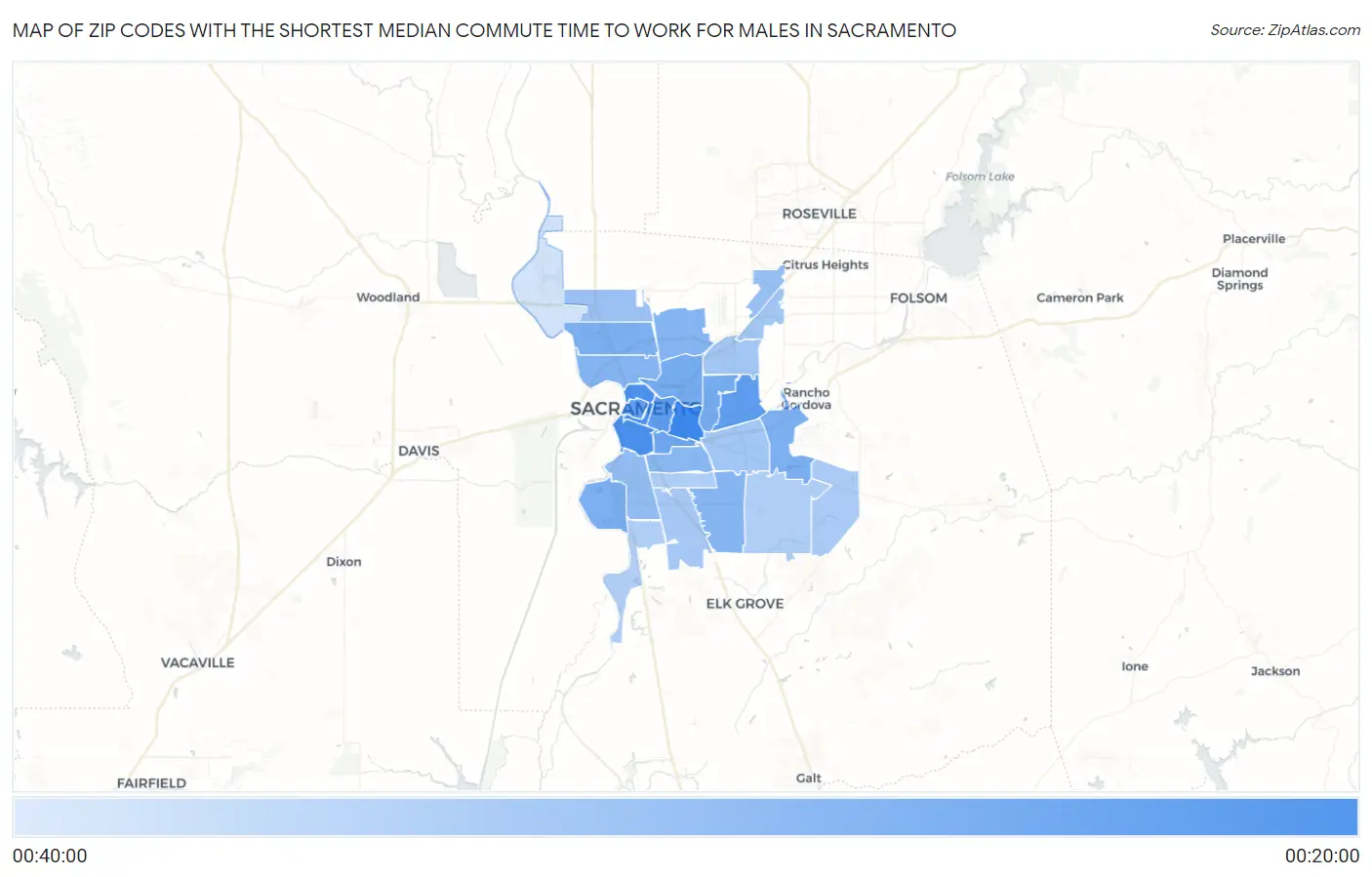 Zip Codes with the Shortest Median Commute Time to Work for Males in Sacramento Map