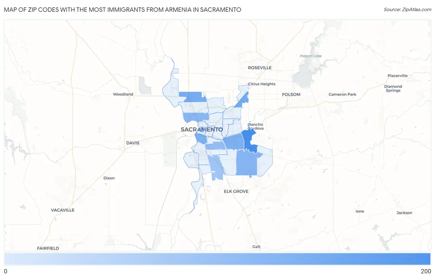 Zip Codes with the Most Immigrants from Armenia in Sacramento Map