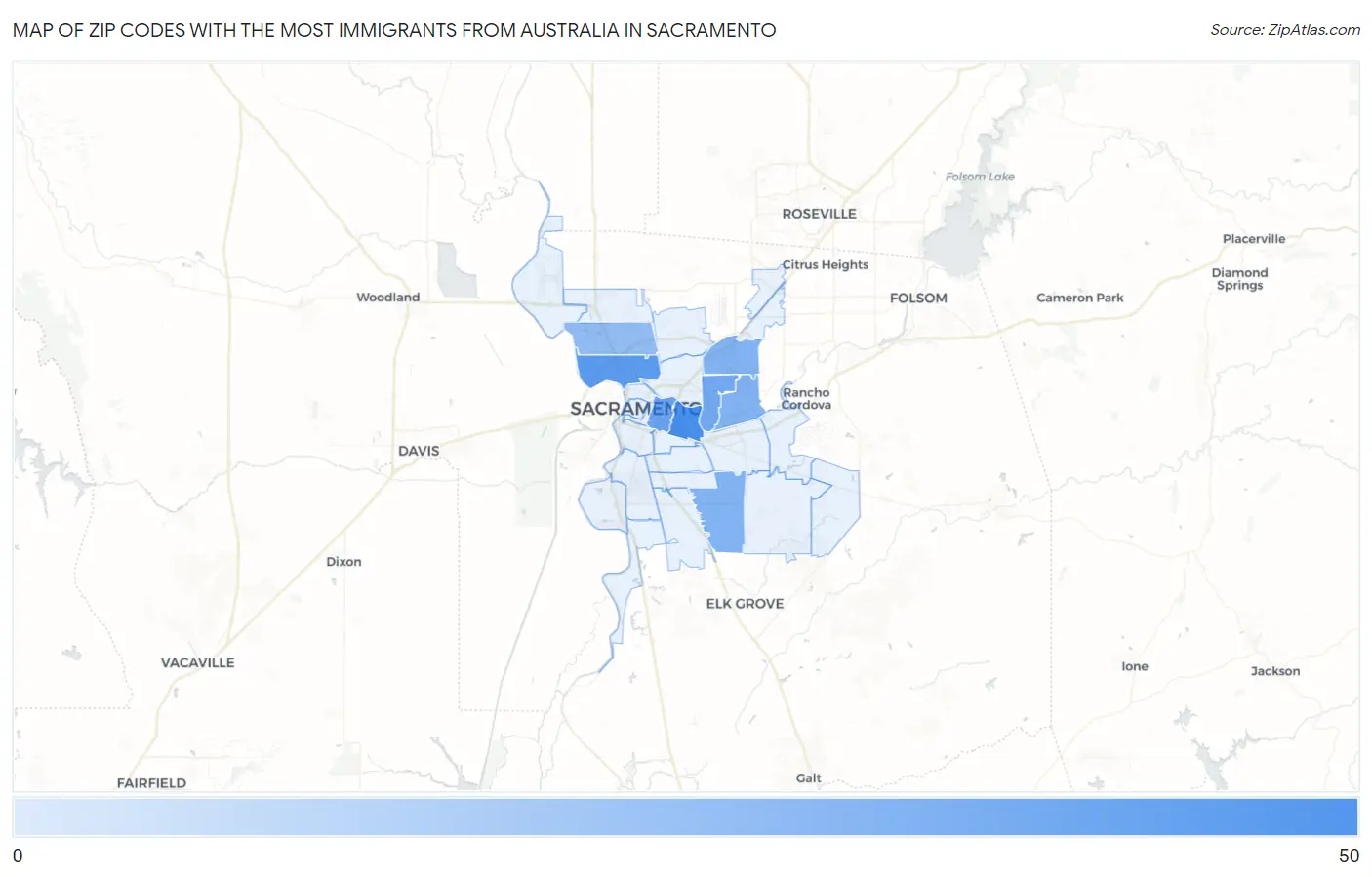 Zip Codes with the Most Immigrants from Australia in Sacramento Map