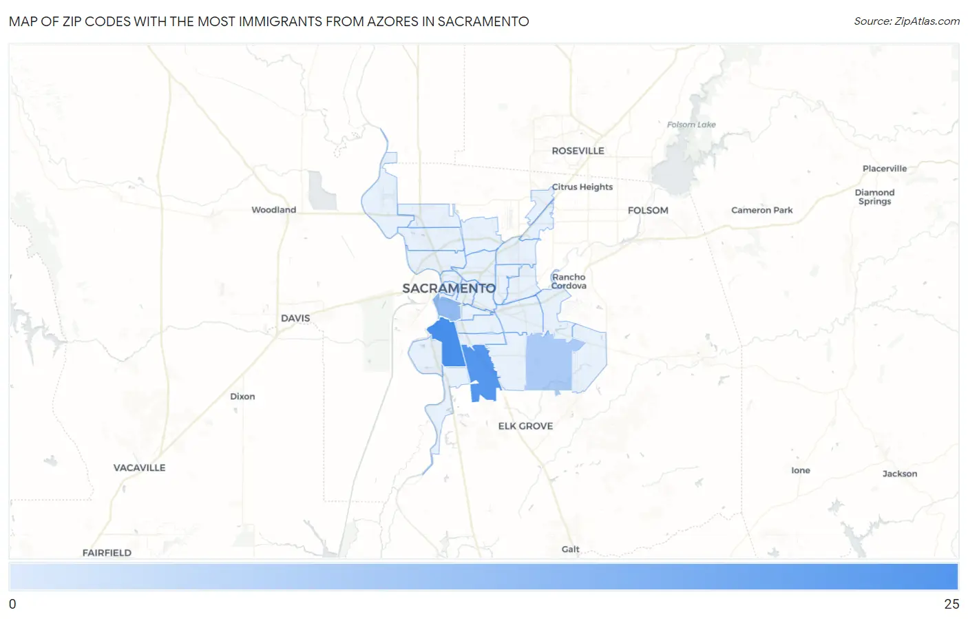 Zip Codes with the Most Immigrants from Azores in Sacramento Map