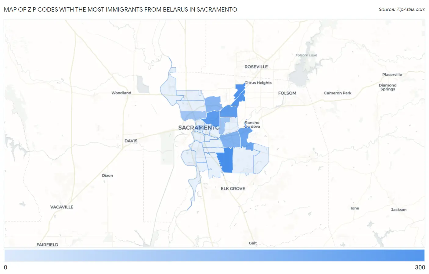 Zip Codes with the Most Immigrants from Belarus in Sacramento Map