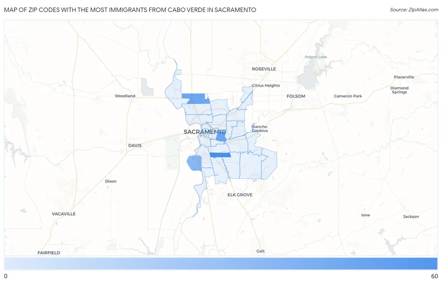 Zip Codes with the Most Immigrants from Cabo Verde in Sacramento Map