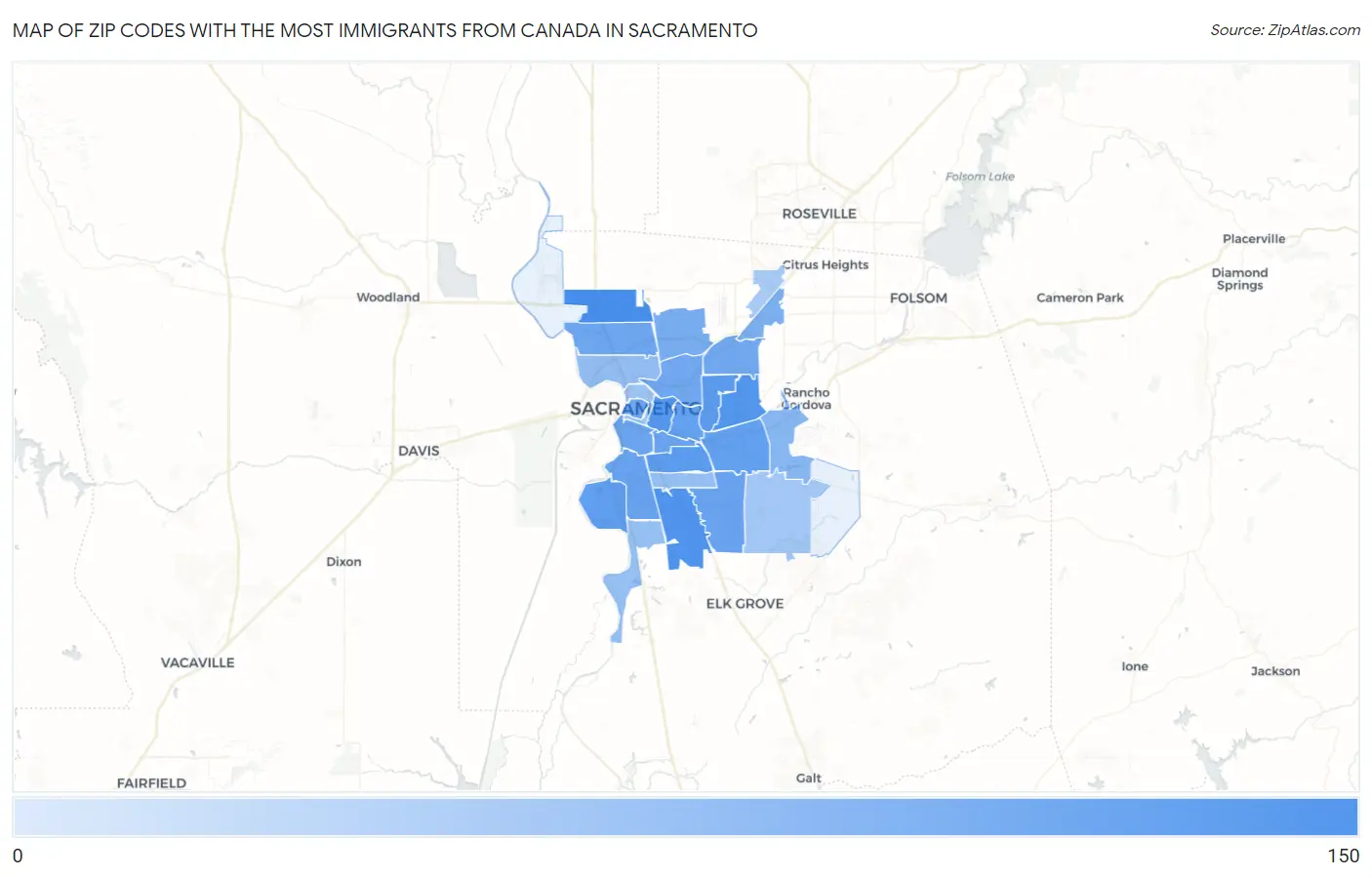 Zip Codes with the Most Immigrants from Canada in Sacramento Map