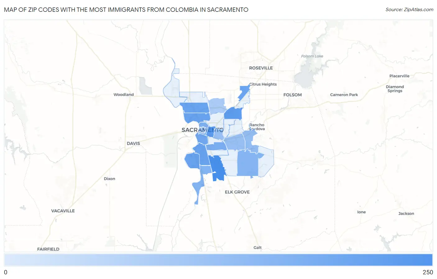 Zip Codes with the Most Immigrants from Colombia in Sacramento Map