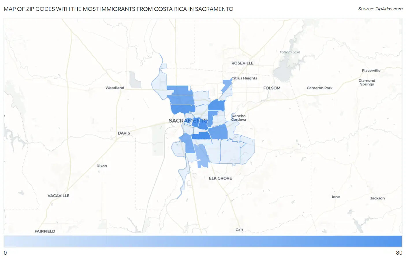 Zip Codes with the Most Immigrants from Costa Rica in Sacramento Map