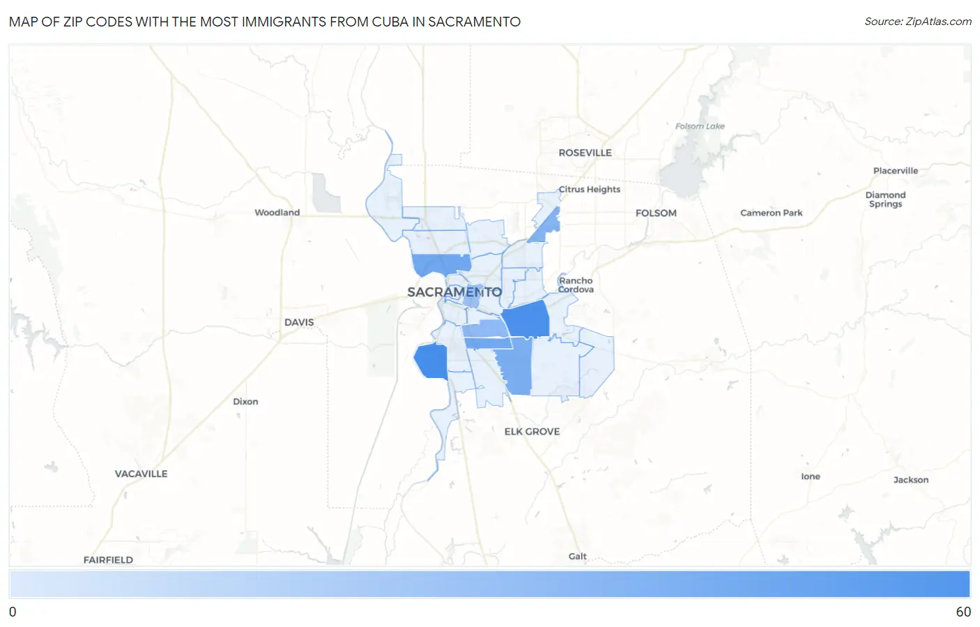 Zip Codes with the Most Immigrants from Cuba in Sacramento Map