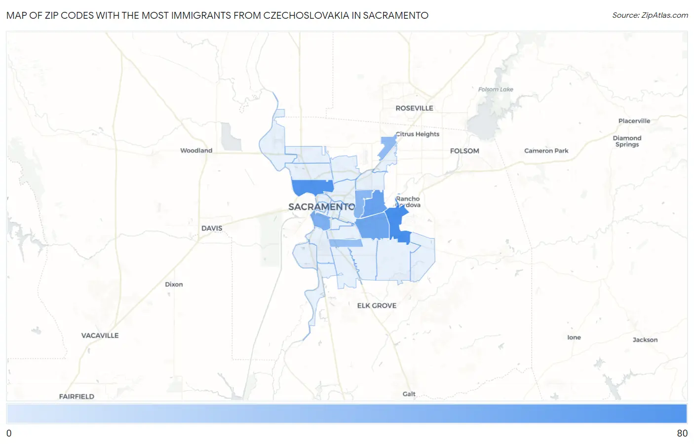 Zip Codes with the Most Immigrants from Czechoslovakia in Sacramento Map