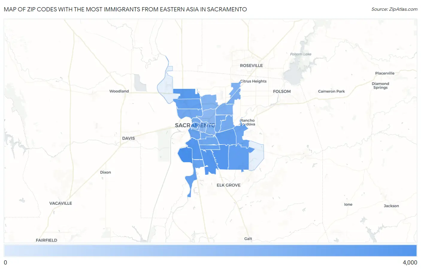 Zip Codes with the Most Immigrants from Eastern Asia in Sacramento Map