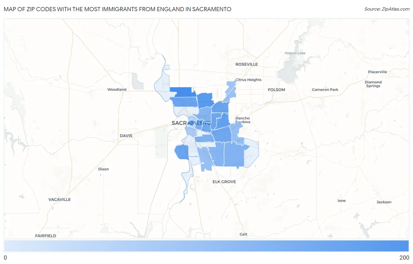 Zip Codes with the Most Immigrants from England in Sacramento Map