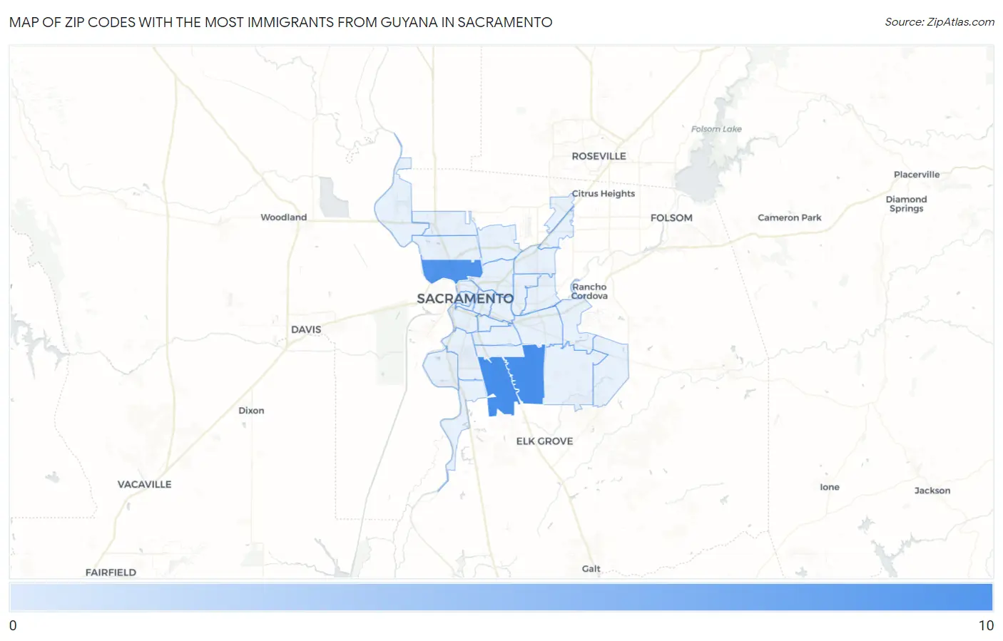 Zip Codes with the Most Immigrants from Guyana in Sacramento Map